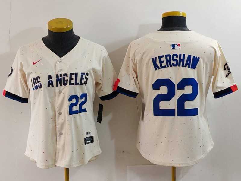 Womens Los Angeles Dodgers #22 Clayton Kershaw Number Cream 2024 City Connect Limited Stitched Jerseys